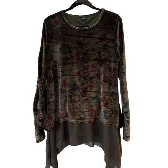 Fantazia Women's Velvet Mixed Media Long Sleeve Blouse W/ Scarf Green Medium - Picture 2 of 7